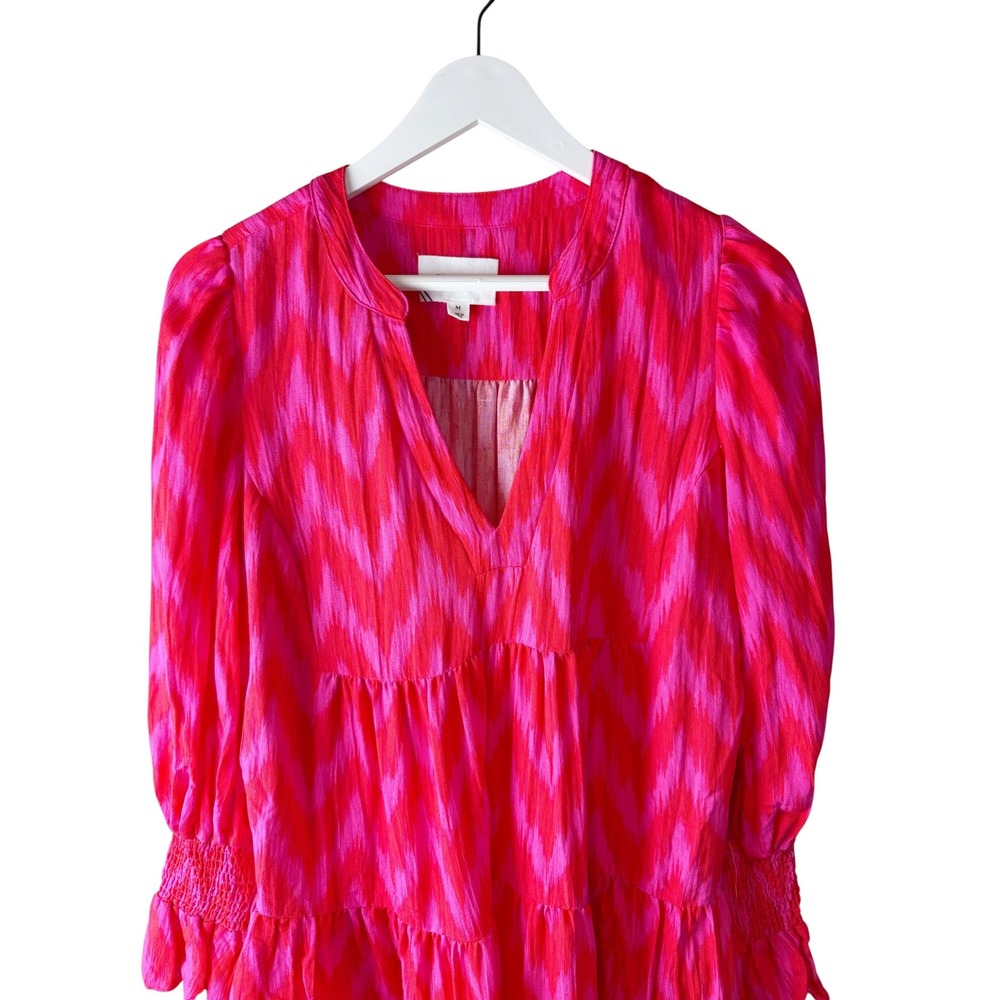 Pomander Place Pink Red Ikat Kenzo Tiered Mini Dress Smocked Cuff Womens M - Picture 3 of 7